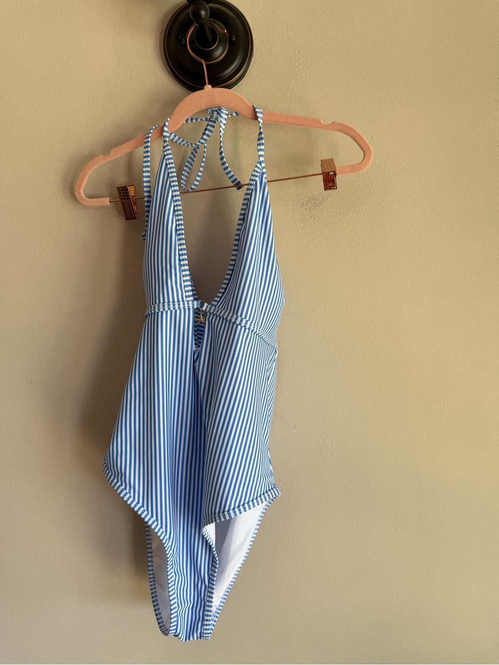 SHEIN Blue White‎ Striped Halter One Piece Swimsuit Starfish Charm sz L